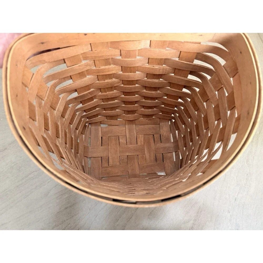 Vintage Handwoven Hanging Basket By -9th century Leather Handle 9” H